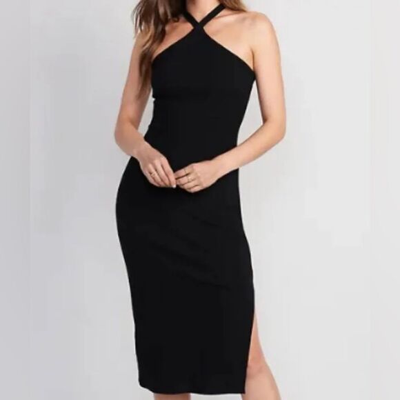 OLD NAVY SIZE XL BLACK RIB KNIT HALTER MIDI DRESS WITH SIDE SLITS - Picture 1 of 7